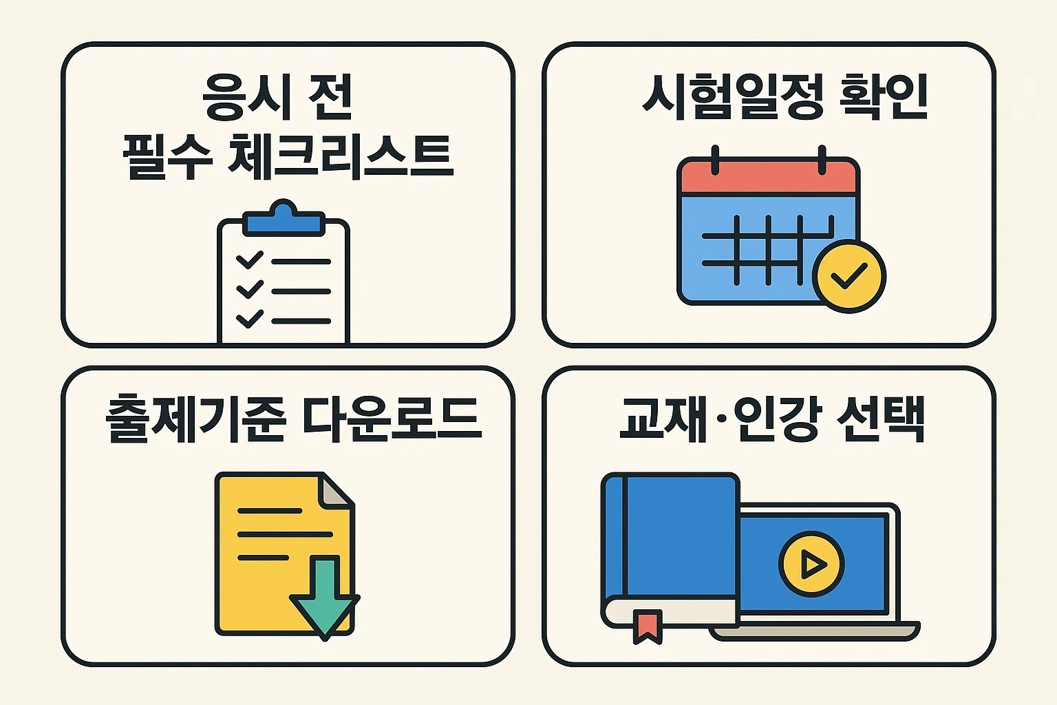 시험일정, 출제기준 다운로드, 교재 및 인강 선택 등 필기시험 준비 전 필수 점검사항을 정리한 인포그래픽.
