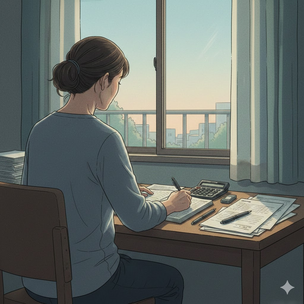 창가에 앉아 가계부와 서류를 정리하는 중년 여성의 뒷모습