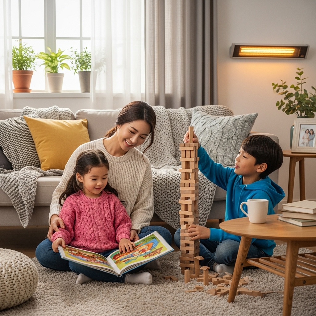 2025년 에너지 바우처 확대로 따뜻한 겨울을 보내는 다자녀 가족의 모습.