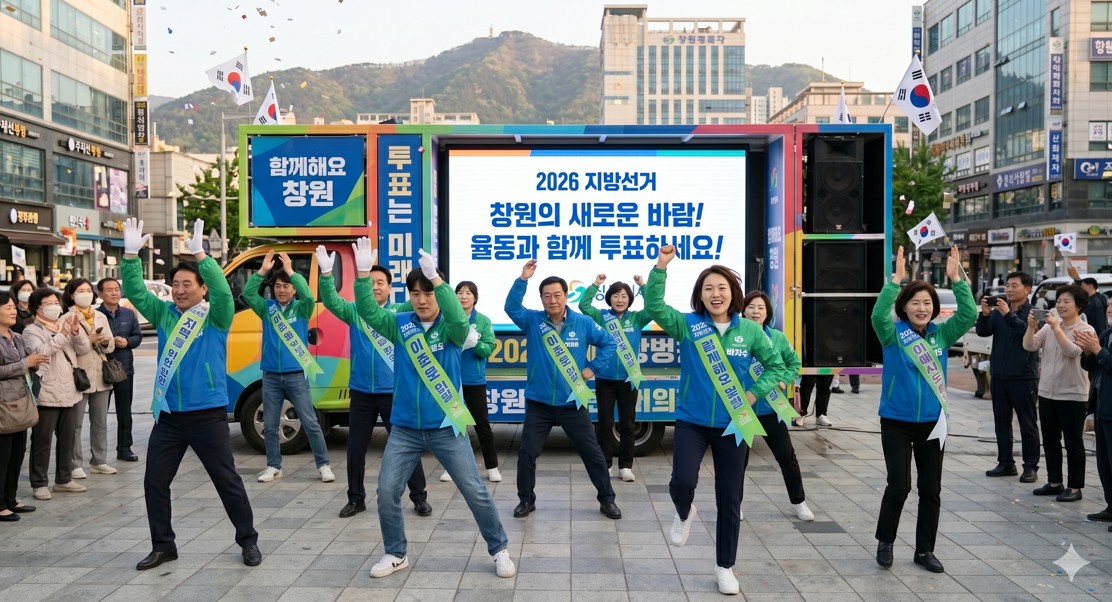 유세 차량 앞에서 단체로 율동을 하며 분위기를 띄우는 운동원들의 역동적인 장면