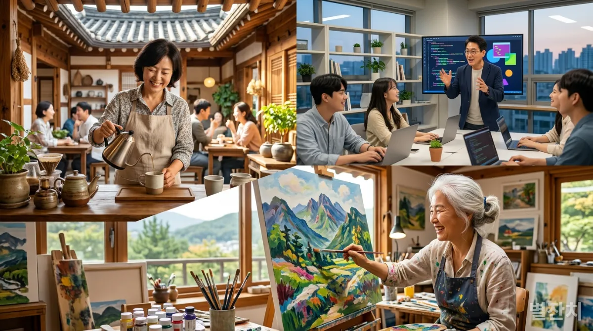 한국인들이 각자 로컬 카페 운영, 코딩 교육, 그림 그리기 등 다양한 활동으로 인생 2막을 성공적으로 살고 있는 모습