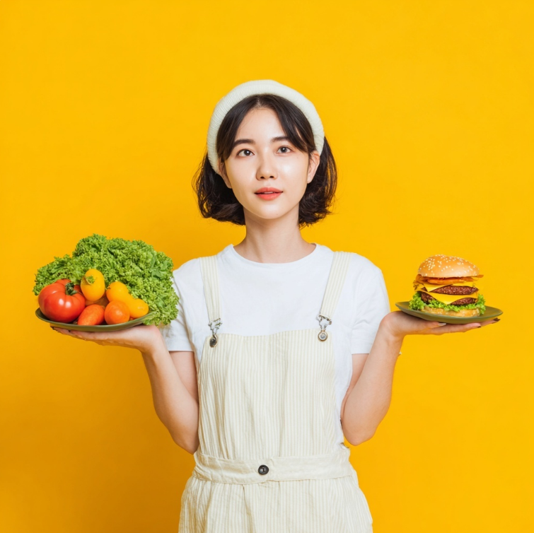 건강식단과 패스트푸드를 비교하는 여성
