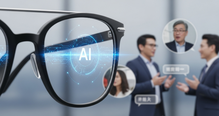 제미나이 AI가 탑재된 세련된 스마트 안경의 클로즈업. 렌즈에서 푸른빛 AI 시각 효과가 나타나며, 다양한 사람들이 외국어로 대화하는 배경은 실시간 통역 기능을 암시한다.