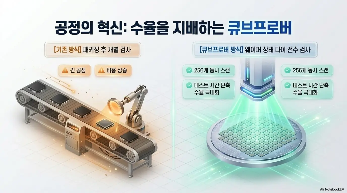 테크윙 주가 전망: 테크윙 큐브프로버의 공정 혁신을 기존 방식과 비교한 이미지. 패키징 후 개별 검사의 긴 공정&middot;비용 상승과 달리 웨이퍼 상태 다이 전수 검사로 256개 동시 스캔&middot;테스트 시간 단축&middot;수율 극대화를 이루는 점을 시각적으로 전달하며&amp;#44; 테크윙 큐브프로버 주제를 설명함