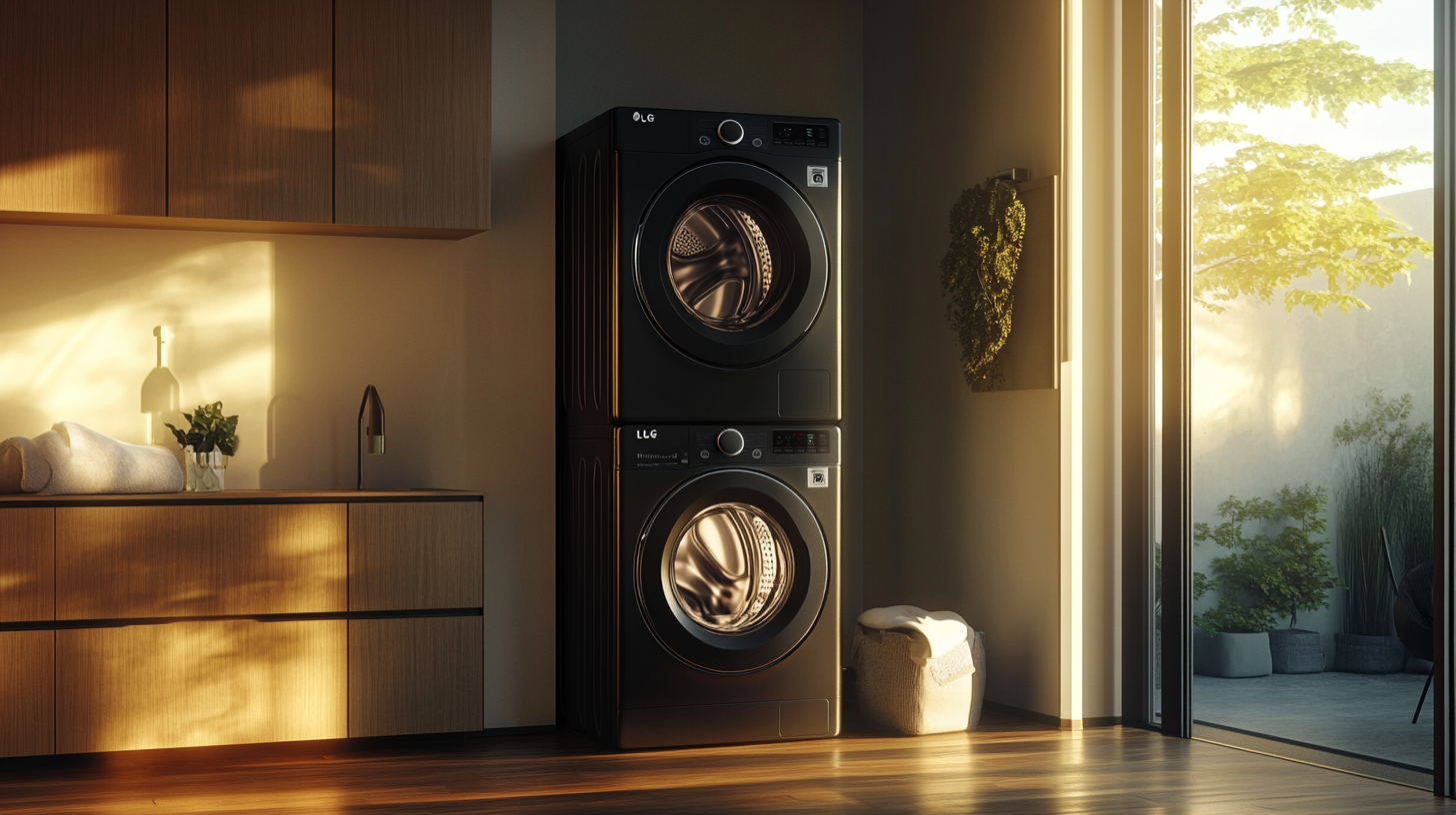 현대적인 가정 인테리어에서 LG 트롬 워시타워가 제공하는 혁신적인 경험을 보여주는 세탁기와 건조기의 결합된 모습