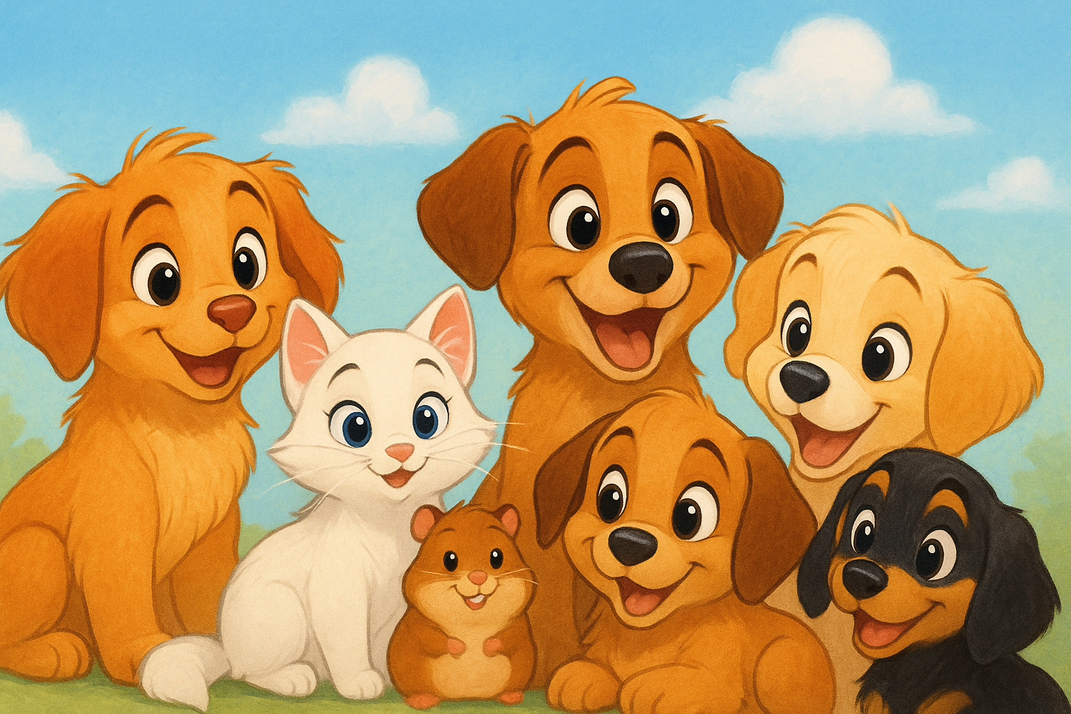 강아지들과 하얀색 고양이, 갈색햄스터가 모여있는 모습