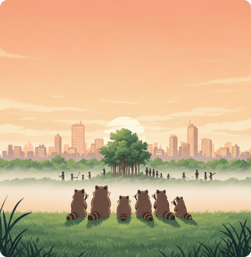 alt="석양빛 아래 작은 숲을 사이에 두고 도시를 바라보는 너구리들. 인간과 자연의 공존을 상징하는 일러스트."