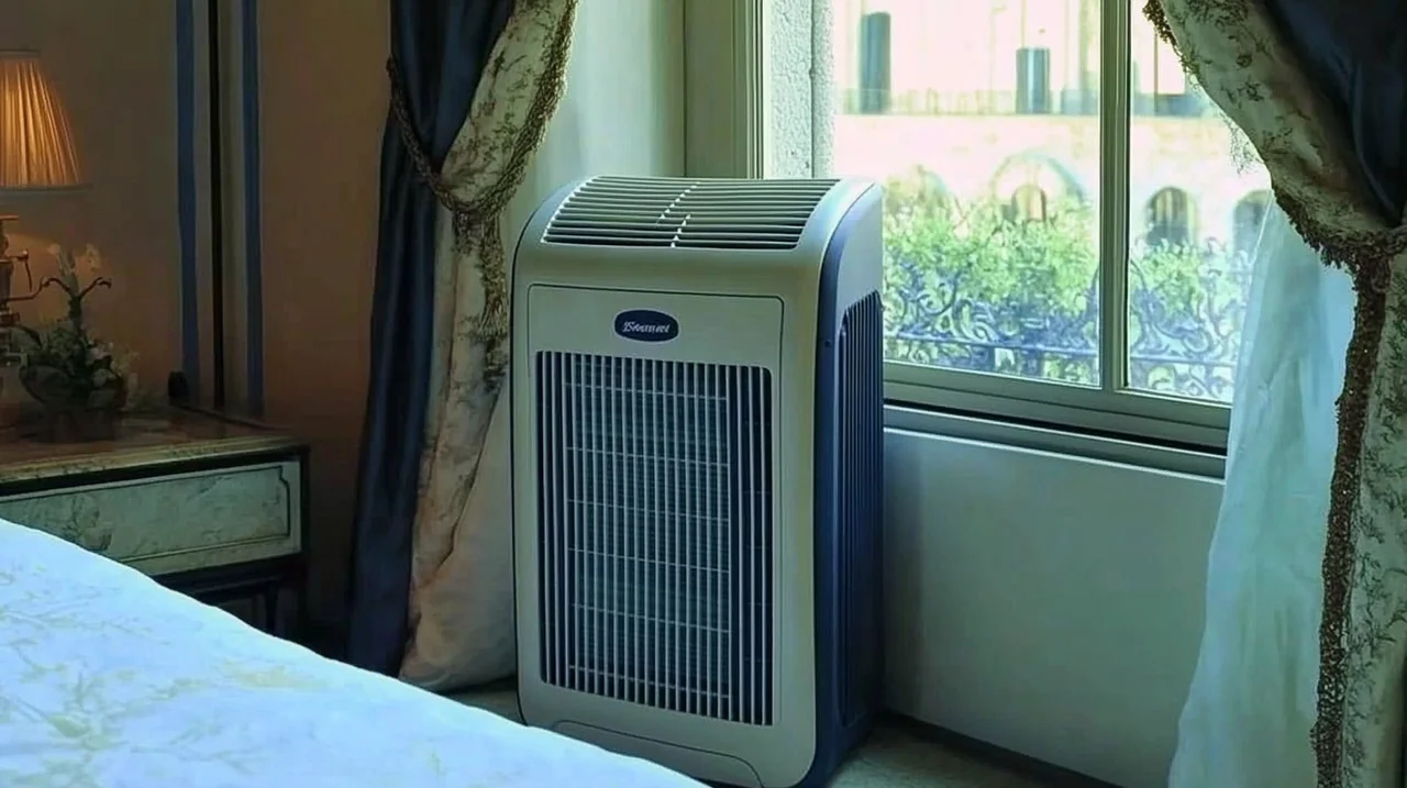 이동식 에어컨이 창문 근처에 설치되어 쉬운 설치 과정을 보여줍니다. 창문을 통해 보이는 외부 경치가 도심 생활의 편안함을 강조합니다.