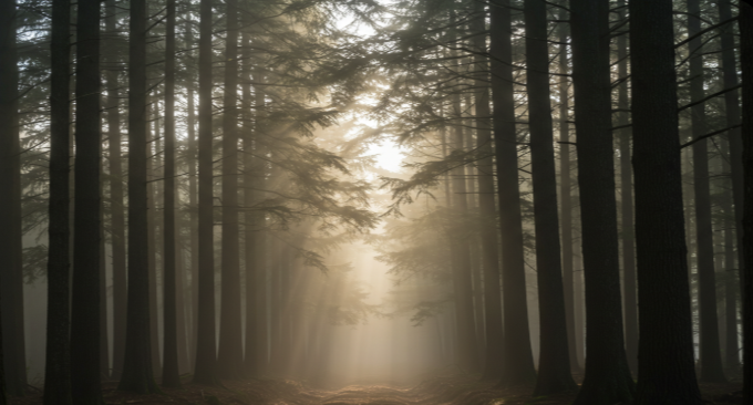 안개 자욱한 일본 삼나무 숲의 아침 풍경