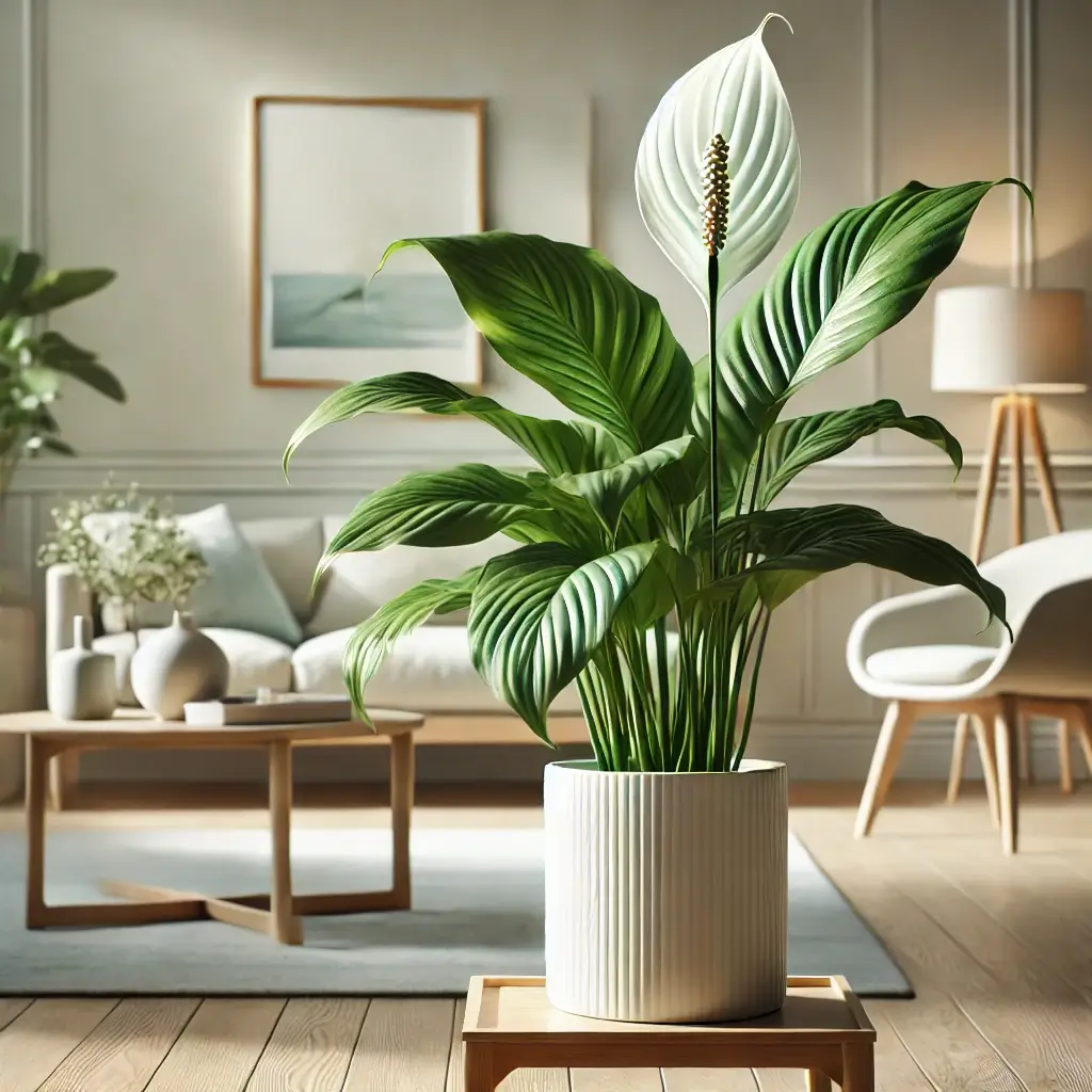 실내 공기 정화 식물 스파티필럼이 세련된 화분에 담긴 모습
