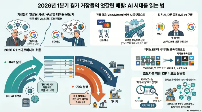 2026년 1분기 월가 거장들의 엇갈린 베팅: AI시대를 읽는 법 인포그래픽 이미지