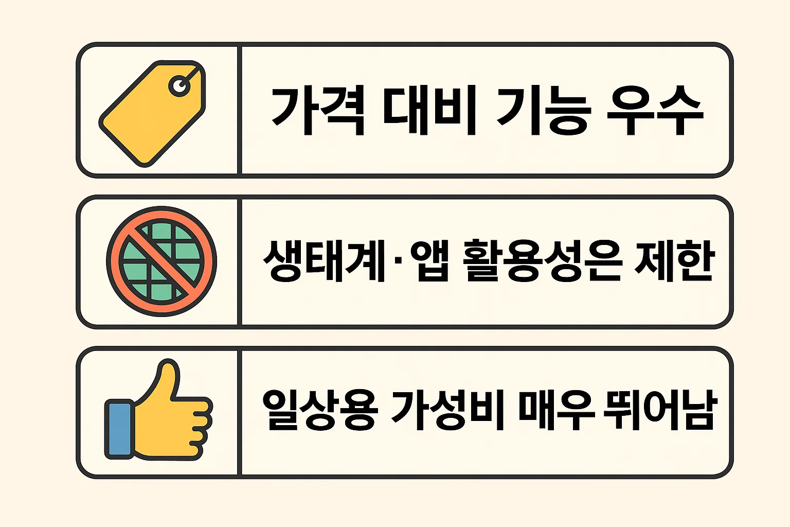 가성비 우수, 앱&middot;생태계 활용 제한, 일상용 활용도 높음 등 샤오미 스마트워치의 실제 체감 가치와 비교 포인트를 정리한 인포그래픽