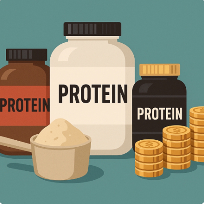 다양한 단백질 보충제 통과 단백질 스쿱, 그리고 가격 비교를 상징하는 동전 더미가 함께 배치된 플랫 스타일 인포그래픽.