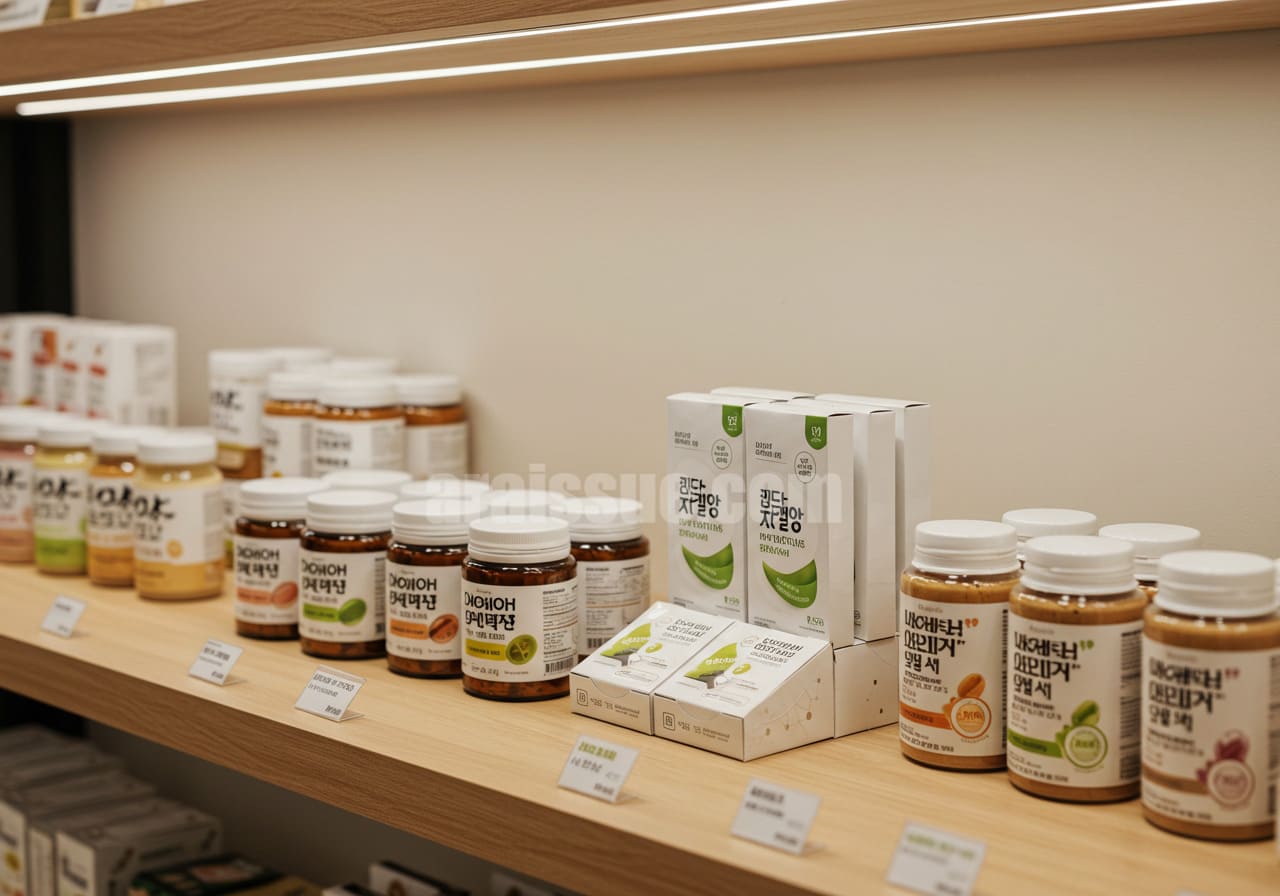 한국 건강기능식품 시장의 변화를 상징하는 다양한 형태의 건강 제품들이 진열된 이미지입니다. 캡슐, 파우더, 음료 등 복합 기능성 제품들이 현대적인 포장으로 정리되어 있으며, 배경은 한국식 건강 전문 매장의 내부를 표현합니다.
