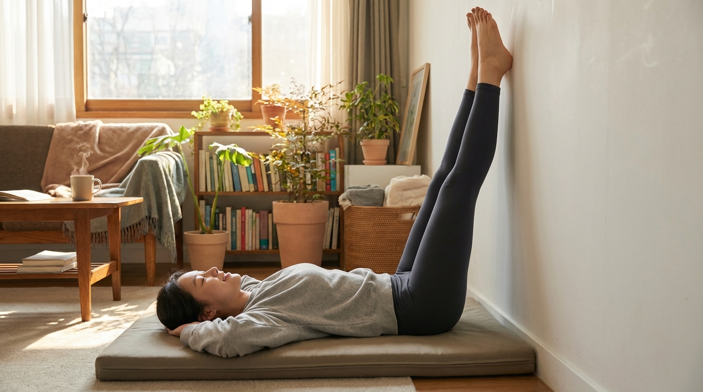 하체 붓기 제거를 위해 벽에 다리를 올리고 L자 스트레칭을 하는 한국 여성의 모습