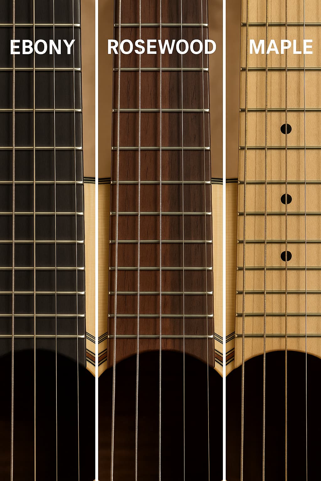 에보니, 로즈우드,메이플 지판의 비교 이미지