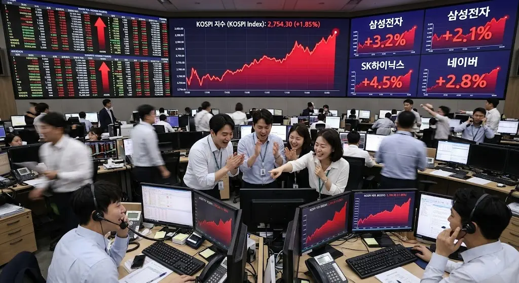 증권사 딜링룸 전광판에 상승세를 나타내는 붉은 그래프, 활기찬 분위기