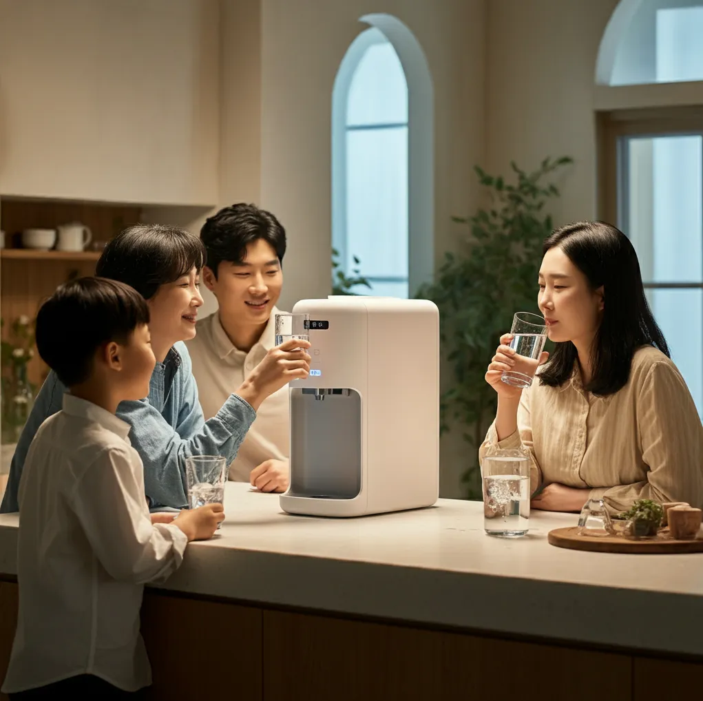 세련된-주방에서-물마시는-한국인가족