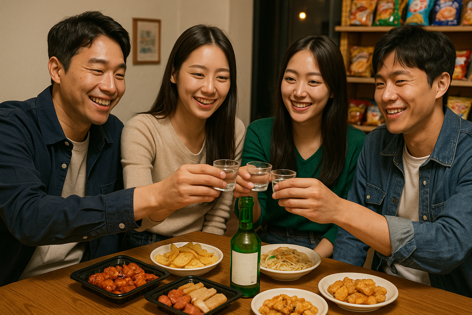 편의점 안주와 술집 안주로 술마시는 남녀