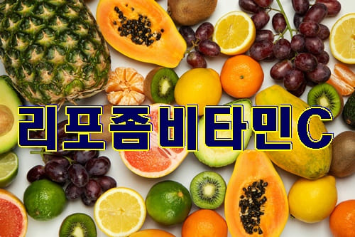 키위&#44;파인애플&#44;망고&#44;포도 레몬&#44;귤등의 다양한 비타민이함유한 과일이 놓여진 이미지 가운데 리포좀비타민C문구가 적혀있습니다.