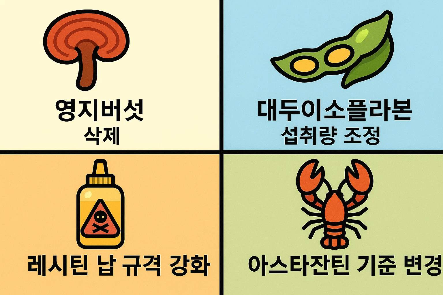 간건강 기능성식품의 원료별 변화와 영지버섯 삭제, 대두이소플라본 섭취량 조정, 레시틴 규격 강화, 아스타잔틴 기준 변경 내용을 담은 인포그래픽