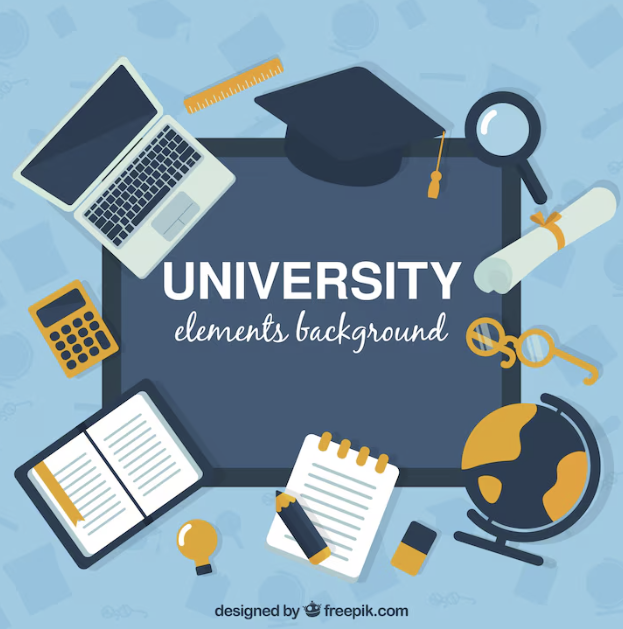 2025 온라인 MBA와 대학 과정에 필요한 학습 도구와 졸업 요소를 나타내는 일러스트 이미지