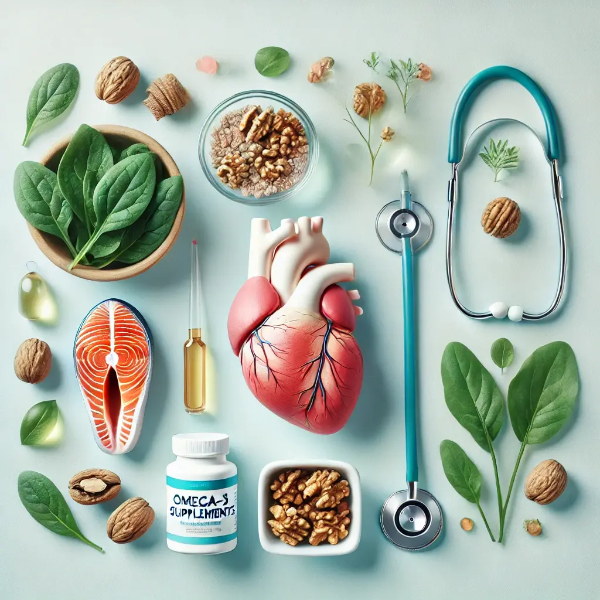 혈관 건강을 상징하는 심장 모형, 건강식품, 오메가3 제품 세트
