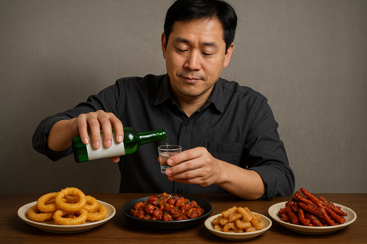 한국의 인기안주로 소주마시는 남성