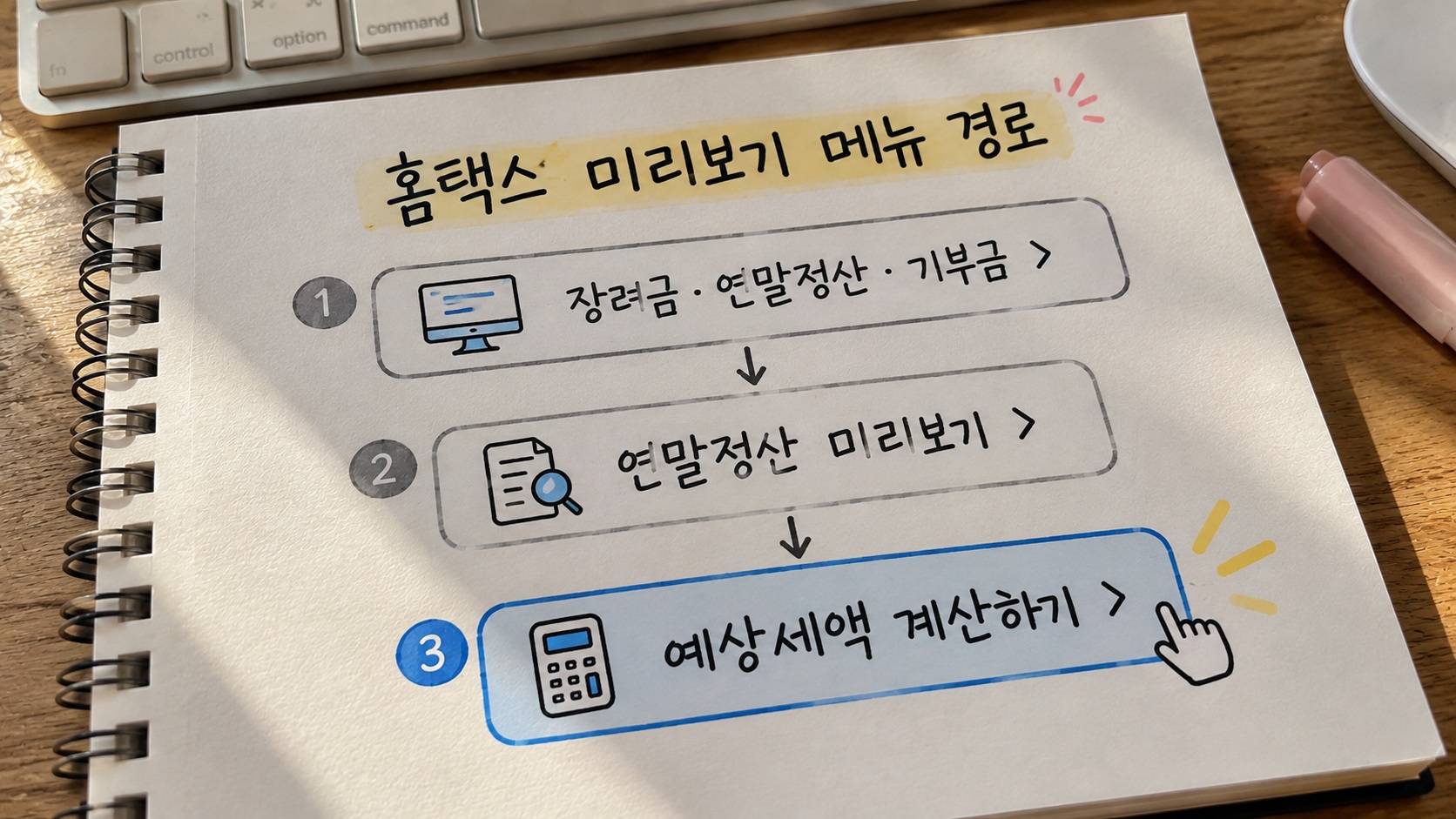홈택스 장려금 연말정산 기부금 메뉴에서 연말정산 미리보기를 찾아 예상세액을 계산하는 경로 안내