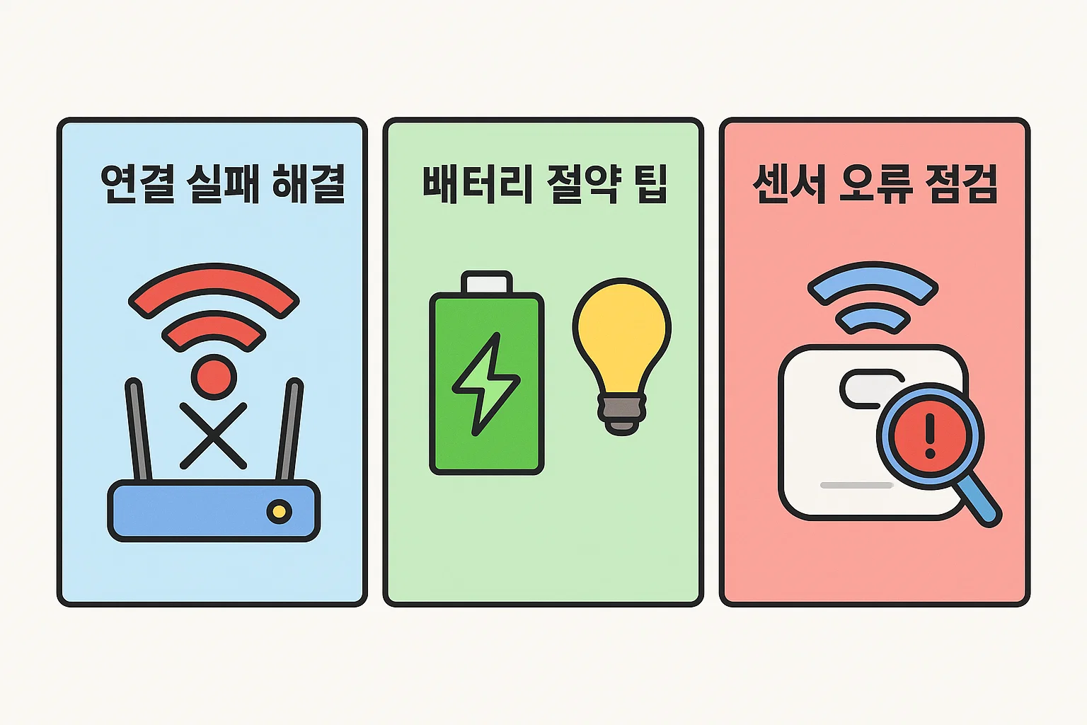연결 실패 해결, 배터리 절약 팁, 센서 오류 점검 등 스마트워치 사용 중 자주 발생하는 문제 해결과 관리 요령을 한눈에 보여주는 인포그래픽