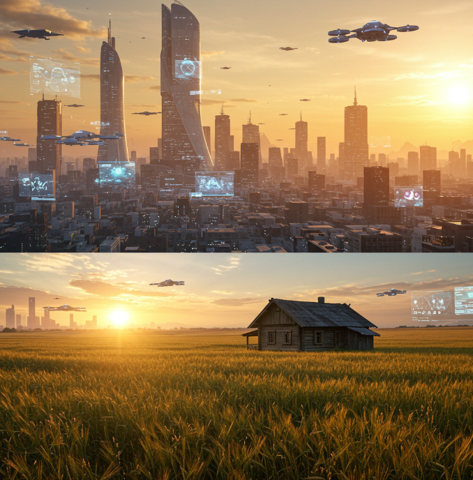 지역의 거대자본이 들어갈 이유가 생길까? AI시대 도시화는 농촌의 종말일까?라는 의문이 담긴 이미지-구글 제미나이 생성 이미지