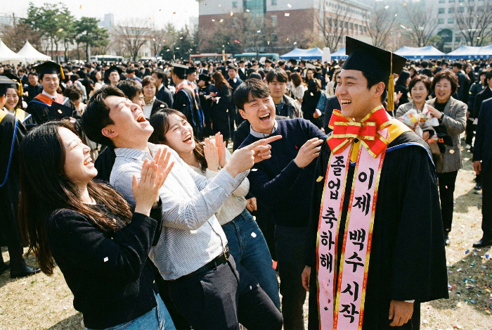 재치 있는 문구가 적힌 인간 화환 리본을 메고 즐기는 졸업식 풍경.