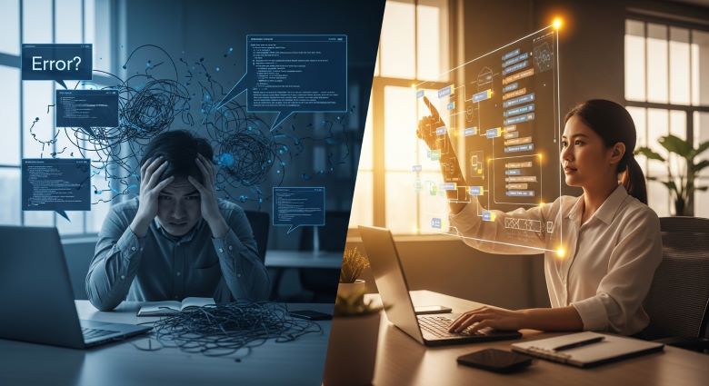 왼쪽에 복잡한 에러 코드와 스트레스 받는 개발자, 오른쪽에 홀로그램 인터페이스로 편안하게 작업하는 여성 개발자의 대비 이미지, 전통적인 코딩의 어려움과 AI 기반 바이브 코딩의 효율성을 나타내는 일러스트