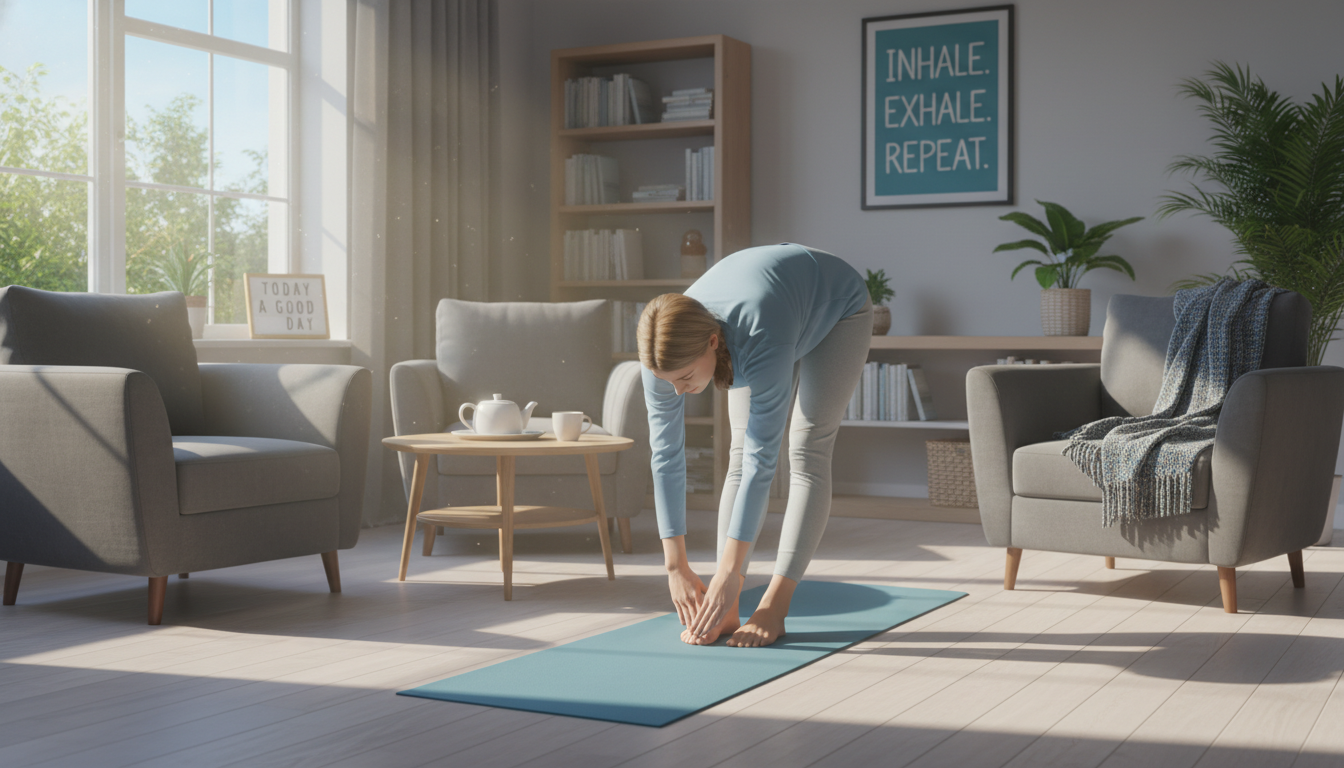 혈압 안정에 도움을 주는 가벼운 아침 요가와 스트레칭을 하는 모습