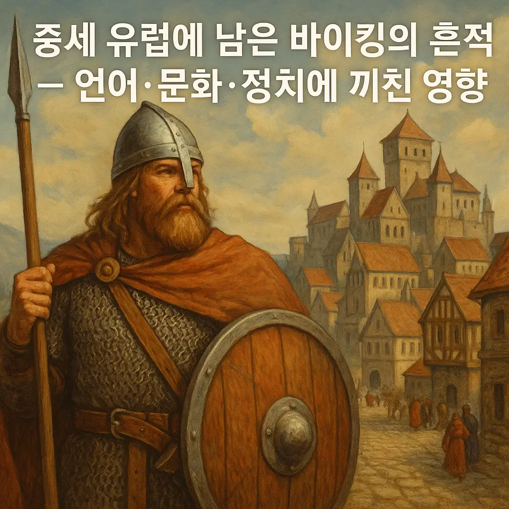 중세 유럽에 남은 바이킹의 흔적을 상징하는 전사와 도시 이미지