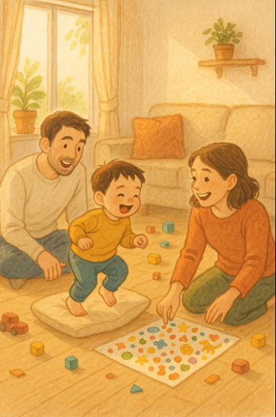 2세 아기가 집 안에서 쿠션 위를 점프하거나 스티커를 붙이며 노는 모습