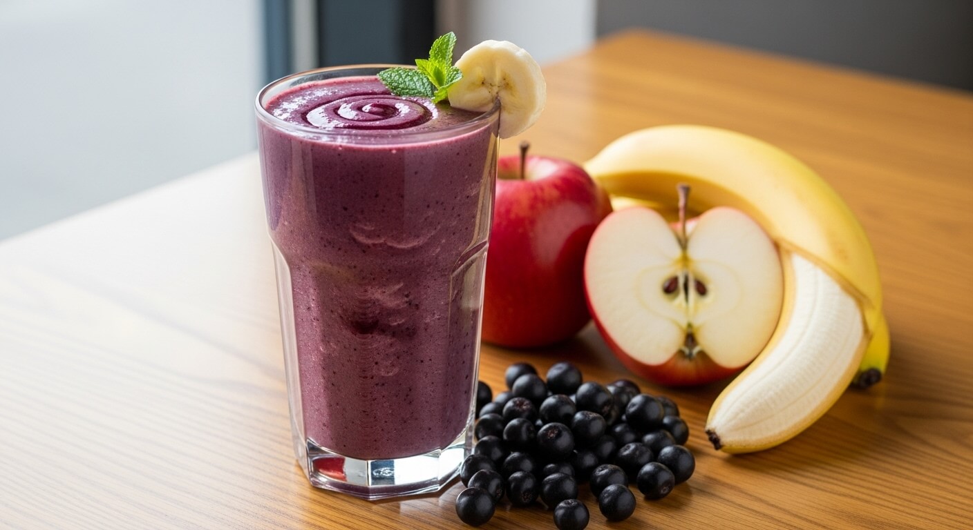 아로니아&middot;바나나&middot;사과로 만든 보랏빛 아로니아 스무디와 신선한 과일 재료들이 함께 놓인 모습