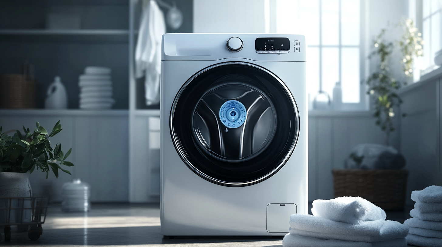 삼성 비스포크 AI 세탁기가 세탁실의 습도를 조절하는 장면. 배경에 습도계가 있으며, 공간이 깔끔하고 쾌적하게 유지되고 있습니다.