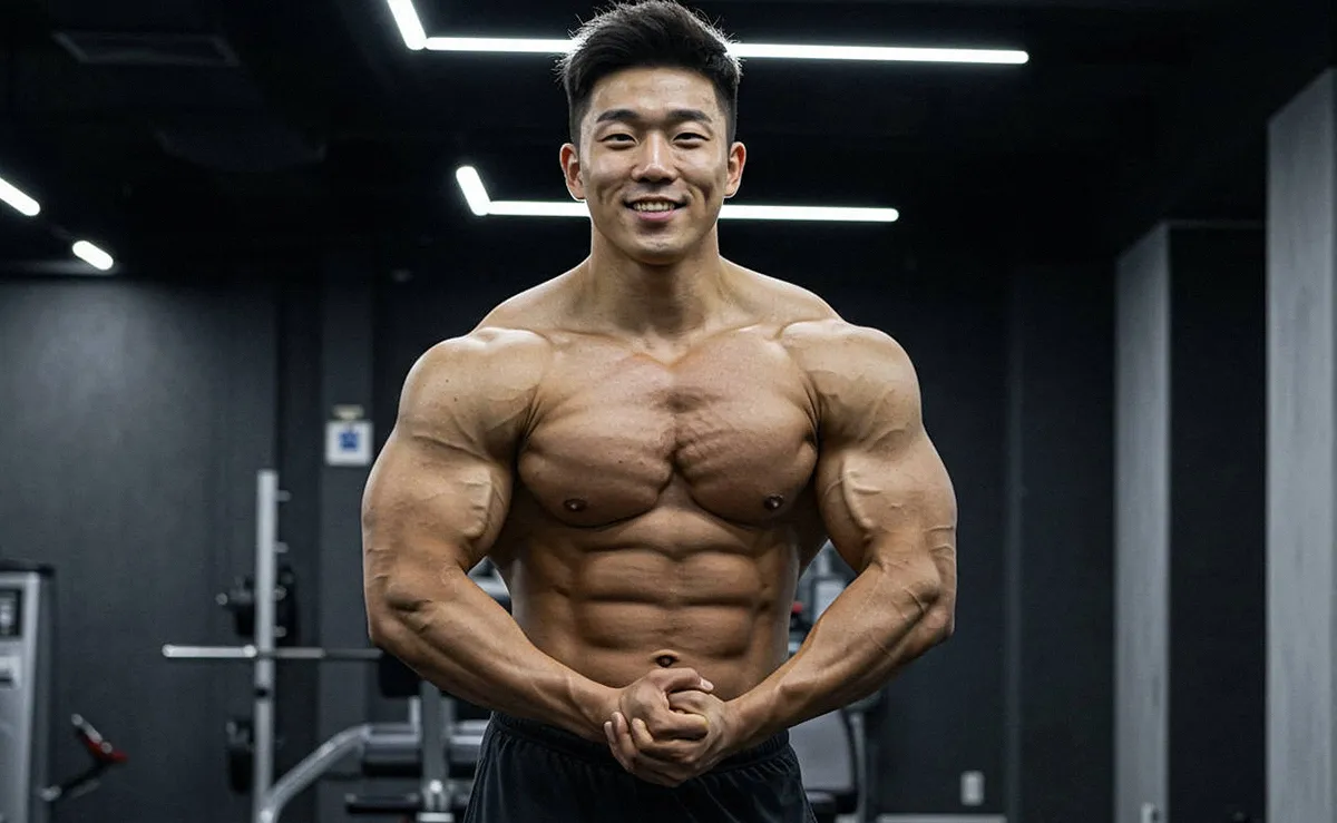 헬스장에서 상체 포징을 하며 미소 짓는 남성 보디빌더의 정면 근육 사진