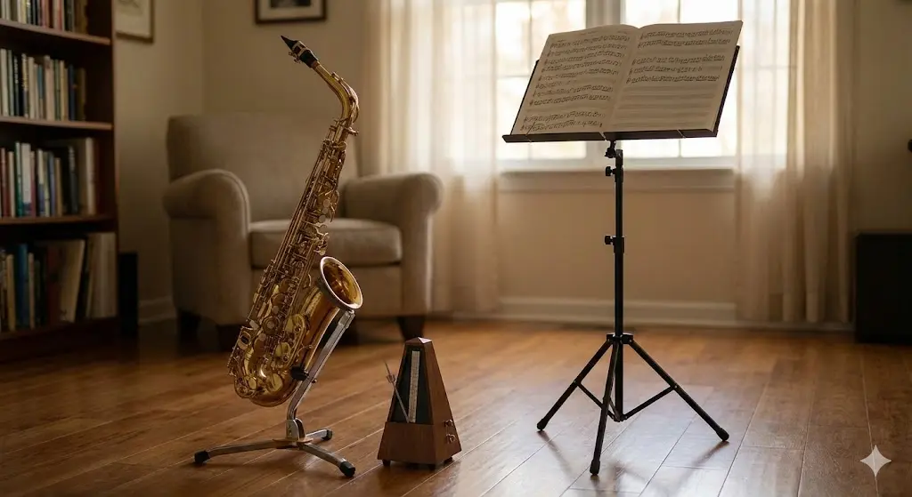 색소폰 텅잉 연습을 위한 메트로놈과 악기 연습 환경 이미지