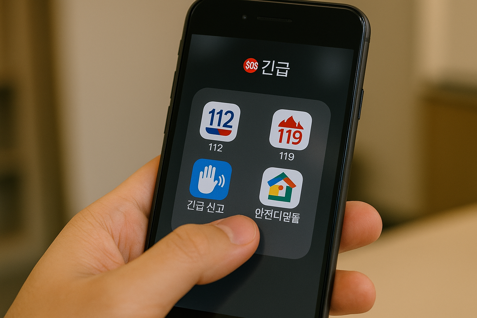 스마트폰 '🆘 긴급' 폴더에서 긴급 신고 앱을 엄지로 탭하는 모습