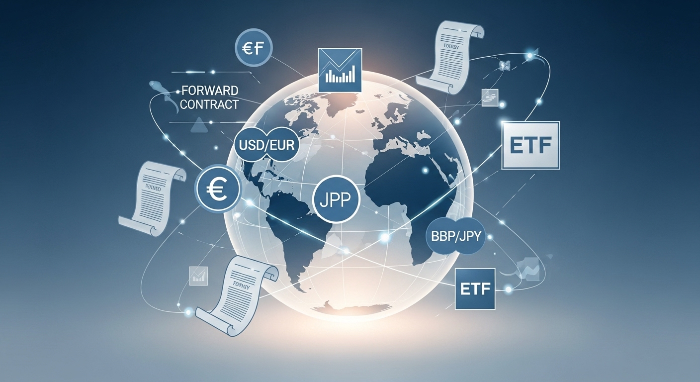 선물환, 통화옵션, ETF 등 다양한 환헤지 금융 상품들이 지구 주변을 떠다니는 일러스트