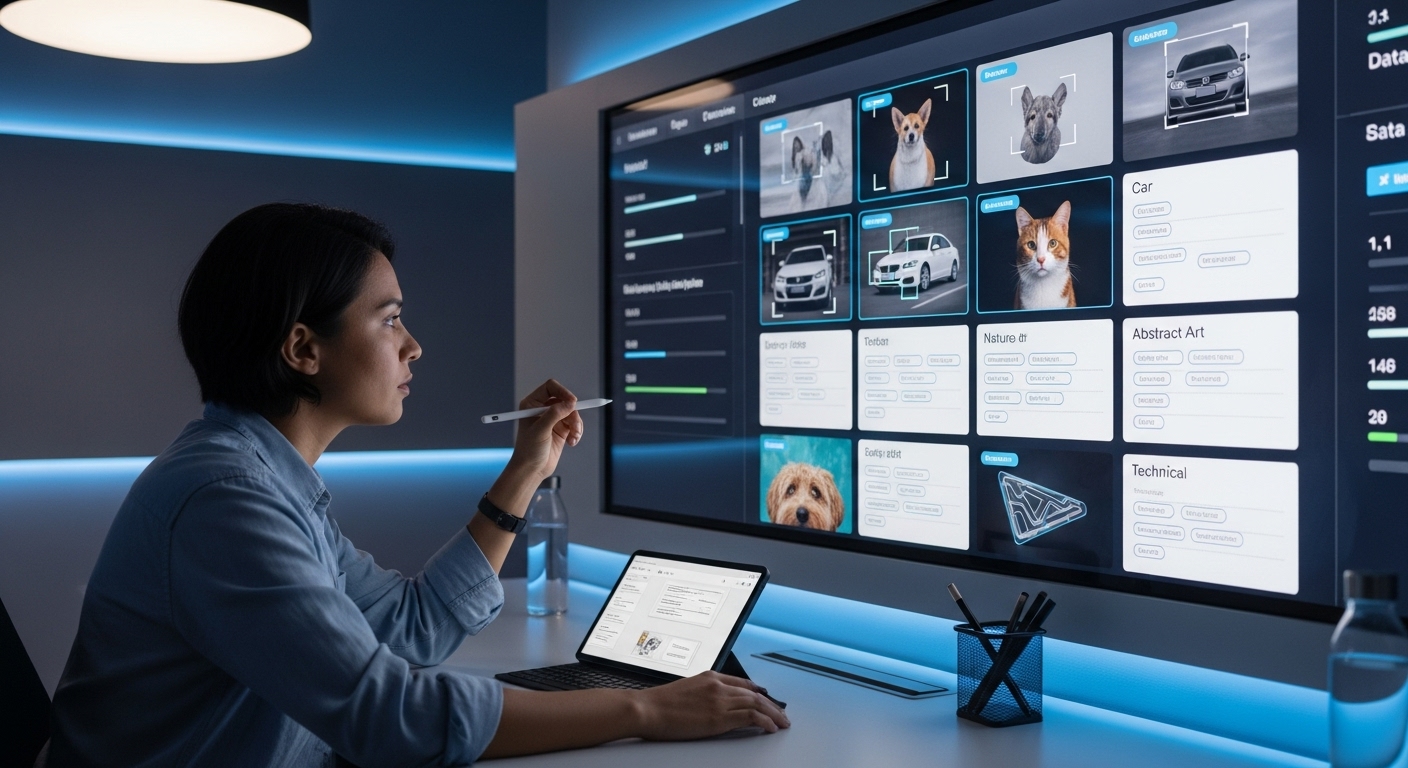 사람이 태블릿 화면에서 이미지 속 객체에 박스를 치거나 텍스트를 분류하는 등 데이터를 꼼꼼하게 라벨링하는 모습.