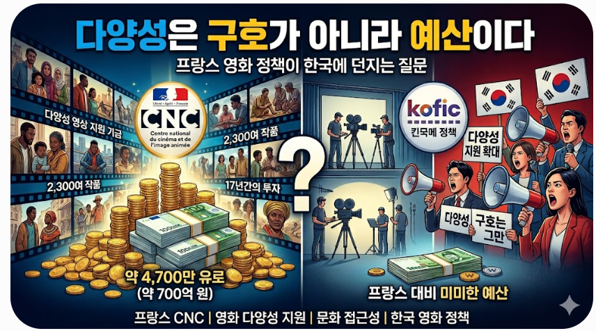 프랑스 CNC의 풍부한 예산과 다양한 인종을 담은 다큐멘터리 제작 지원 성과를 보여주는 이미지와, 한국 KOFIC의 부족한 예산 및 '구호는 그만', '다양성 지원 확대'를 외치며 확성기를 들고 시위하는 사람들의 모습을 비교하는 일러스트입니다. 중앙에는 큰 물음표가 있으며, "다양성은 구호가 아니라 예산이다"라는 제목과 "프랑스 영화 정책이 한국에 던지는 질문"이라는 부제가 한글로 적혀 있습니다.