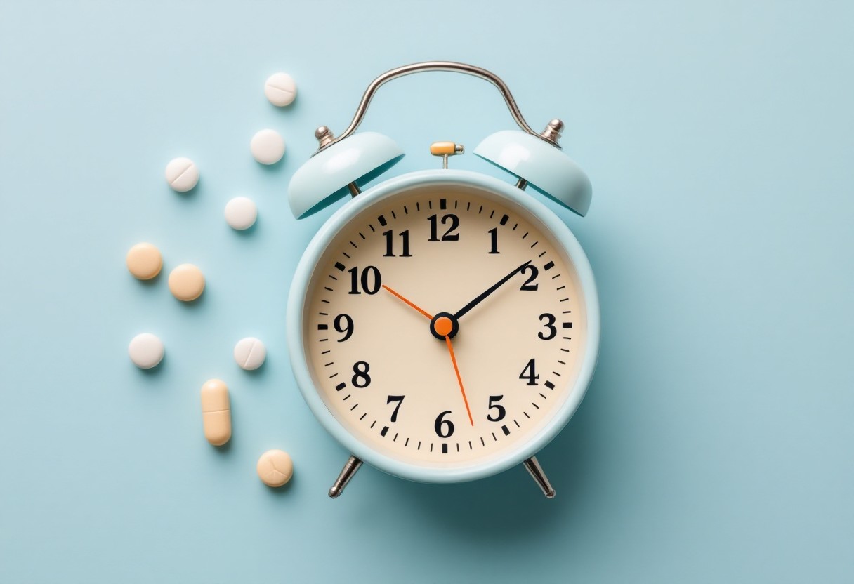 파란색 배경에 놓인 알람 시계와 다양한 영양제 알약들
