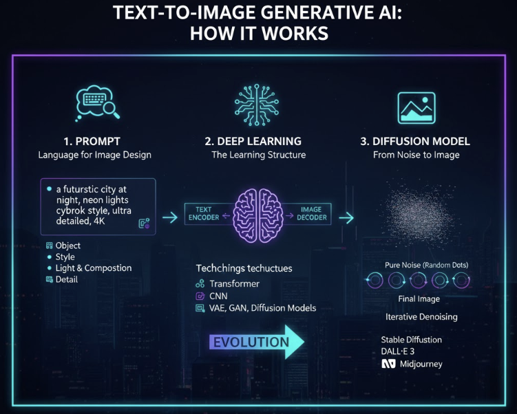 텍스트를 고화질 이미지로 변환하는 생성형 AI의 작동 구조를 보여주는 인포그래픽입니다. 사용자의 프롬프트를 입력받아 딥러닝 신경망이 해석하고, 디퓨전 모델이 노이즈 제거 과정을 통해 최종 이미지를 생성하는 흐름