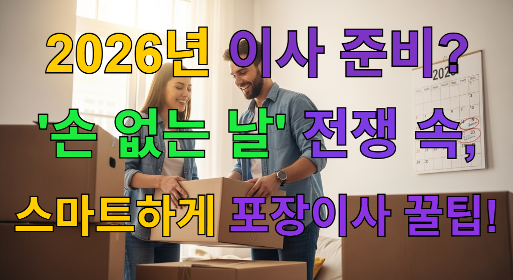2026년 달력을 배경으로 새로운 집에서 행복하게 이삿짐을 정리하는 젊은 부부의 모습