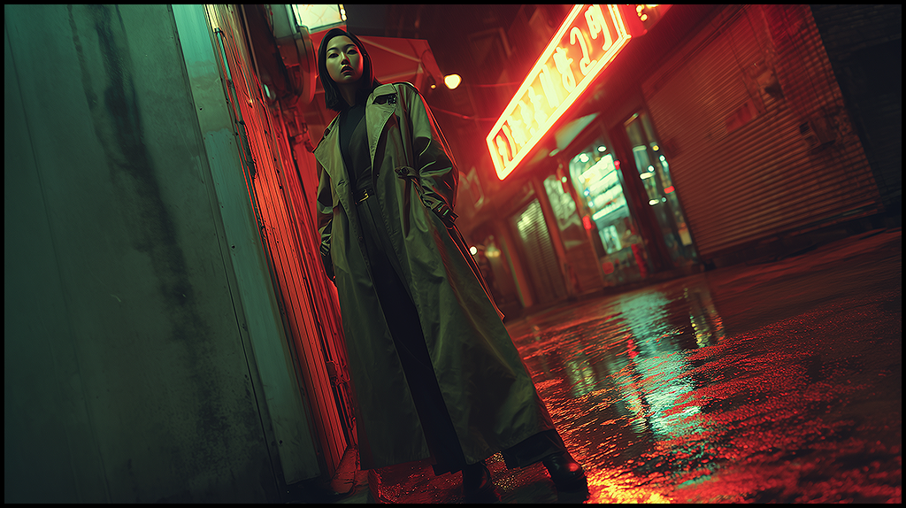 네온 조명과 젖은 바닥 반사가 있는 도시 골목에서, 더치 앵글로 촬영된 여성 모델의 긴장감 있는 시네마틱 컷_Midjourney