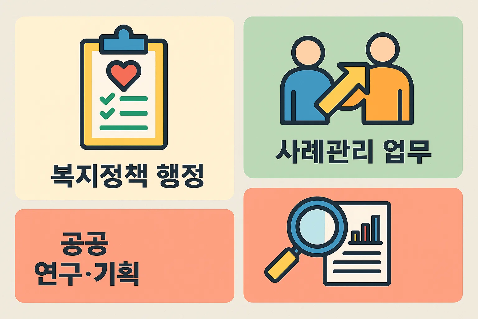 사회복지사 1급 취업분야 중 공공기관 중심의 복지정책 행정, 연구&middot;기획, 사례관리 업무 흐름을 정리해 진로 선택에 도움을 주는 이미지입니다