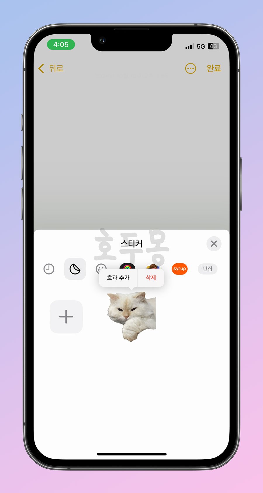 스티커 삭제 및 효과추가 옵션